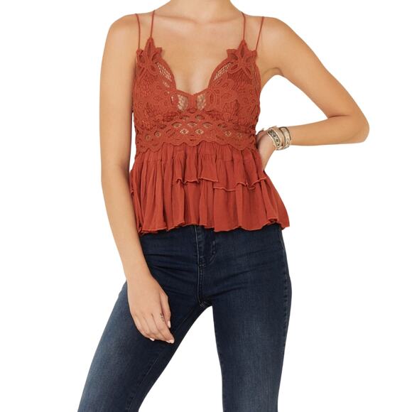 Free People Adella Cami NWT Winding Roads Rust Crochet Lace Peplum Ruffle XS - Picture 2 of 16